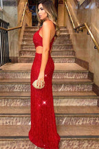 Long Mermaid One Shoulder Sequined Red Prom Dress with Slit