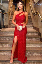 Long Mermaid One Shoulder Sequined Red Prom Dress with Slit