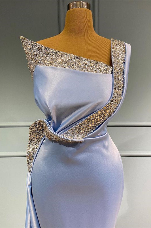 Long Mermaid One Shoulder Sleeveless Satin Beads Prom Dress With Ruffles