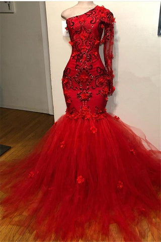 Long Mermaid One Shoulder Tulle Lace Prom Dress with sleeves