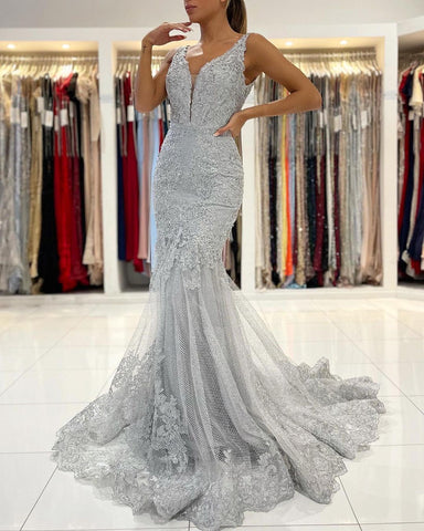 Long Mermaid Open Back V-neck Tulle Lace Prom Dress