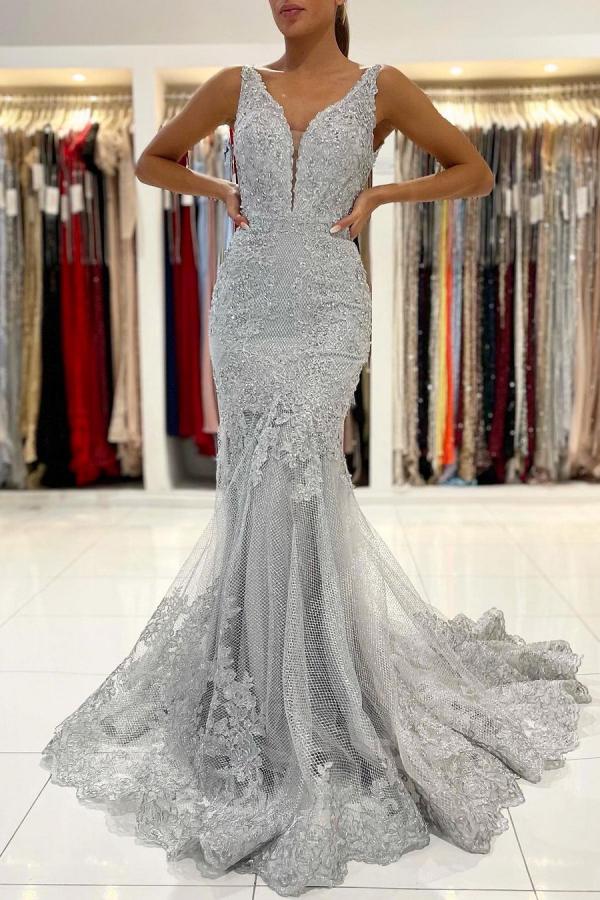 Long Mermaid Open Back V-neck Tulle Lace Prom Dress