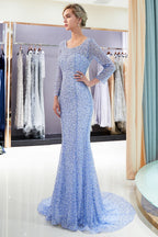 Long Mermaid Sequins Formal Evening Dresses with Sleeves