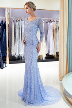 Long Mermaid Sequins Formal Evening Dresses with Sleeves