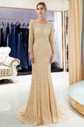 Vestidos de noche formales largos estilo sirena con lentejuelas y mangas