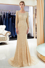 Long Mermaid Sequins Formal Evening Dresses with Sleeves