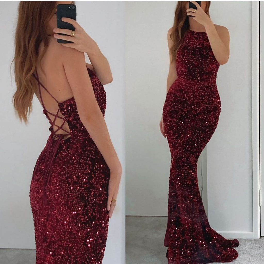 Long Mermaid Sleeveless Sequins Backless Formal Prom Dresses