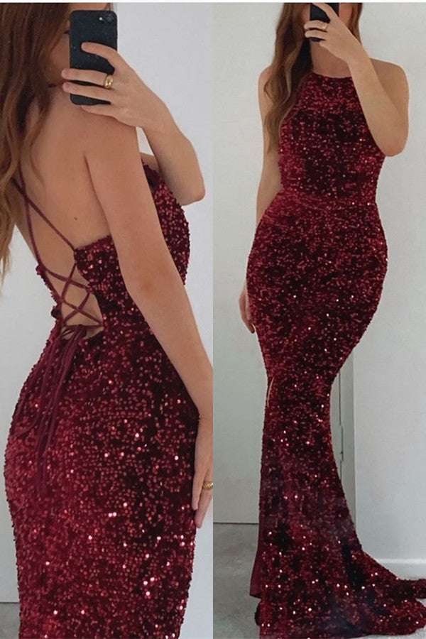 Long Mermaid Sleeveless Sequins Backless Formal Prom Dresses