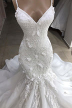 Langes Meerjungfrau-Spaghettiträger-Applikationen-Spitzen-Brautkleid