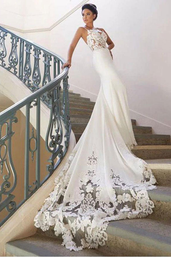 Langes Meerjungfrau-Spaghettiträger-Spitzenkleid ohne Rückenausschnitt für die Hochzeit