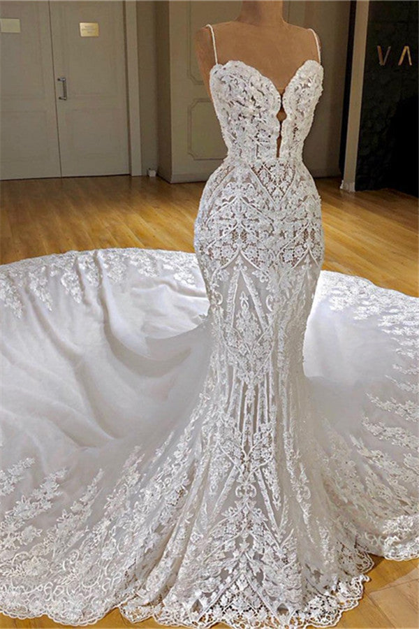 Langes Meerjungfrau-Spaghettiträger-Applikations-Spitzen-Brautkleid mit Kathedralzug