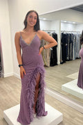 Vestidos de Fiesta Largos de Cuello en V con Tiras Finas de Sirena y Abertura Lateral