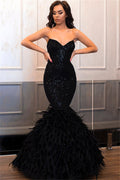 Robe de bal longue sirène sans bretelles noire à paillettes