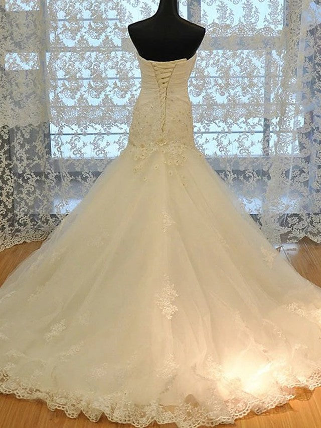Langes Meerjungfrau-Trägerloses Hofzug-Spitzen-Organza-Brautkleid