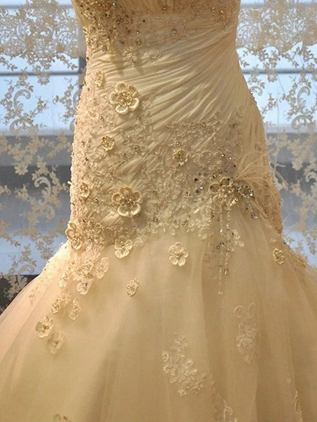 Langes Meerjungfrau-Trägerloses Hofzug-Spitzen-Organza-Brautkleid