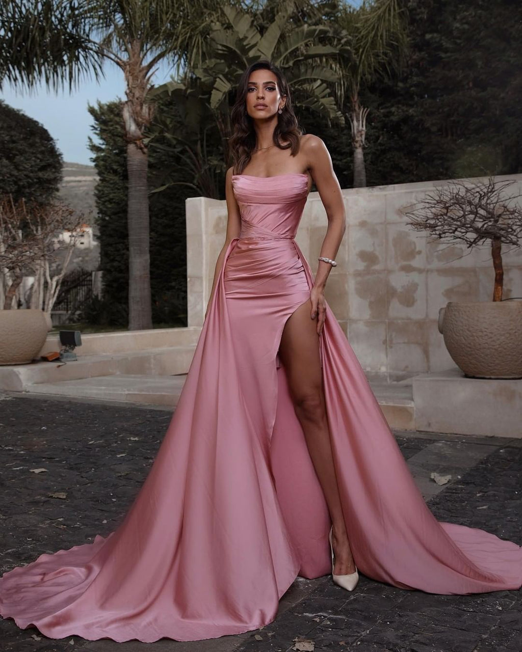 Long Mermaid Strapless Sleeveless Satin Prom Dress With Slit