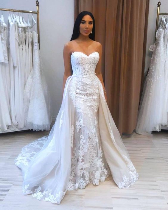 Langes Meerjungfrau-Sweetheart-Applikations-Spitzen-Tüll-Hochzeitskleid