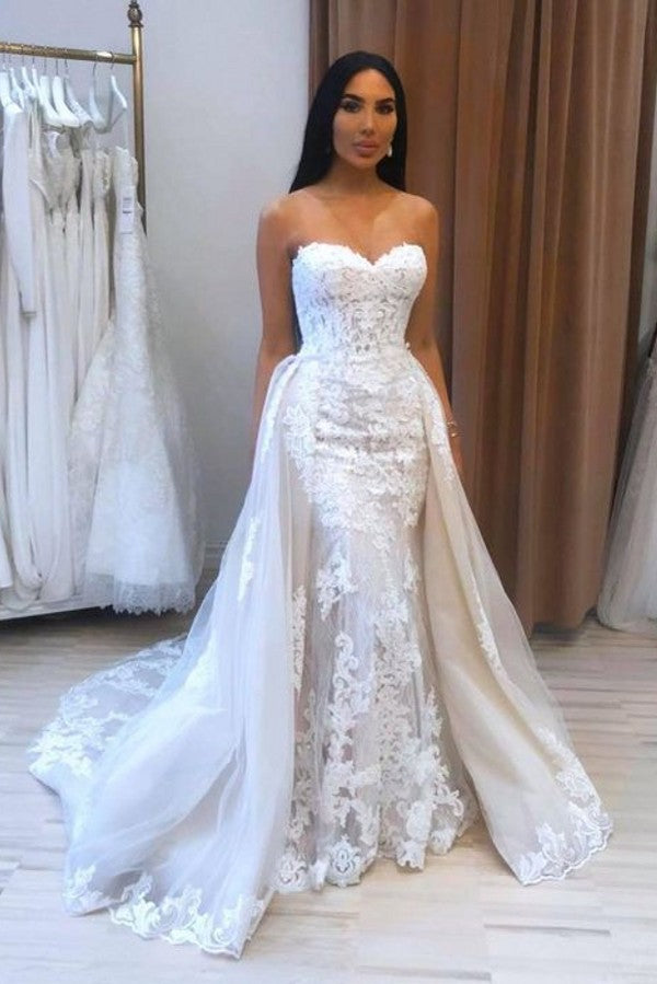 Langes Meerjungfrau-Sweetheart-Applikations-Spitzen-Tüll-Hochzeitskleid