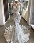 Langes Meerjungfrau-Sweetheart-Perlenapplikationen-Spitzen-Brautkleid