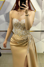 Long Mermaid Sweetheart Beading Satin Formal Prom Dresses with Slit