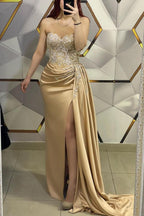 Long Mermaid Sweetheart Beading Satin Formal Prom Dresses with Slit