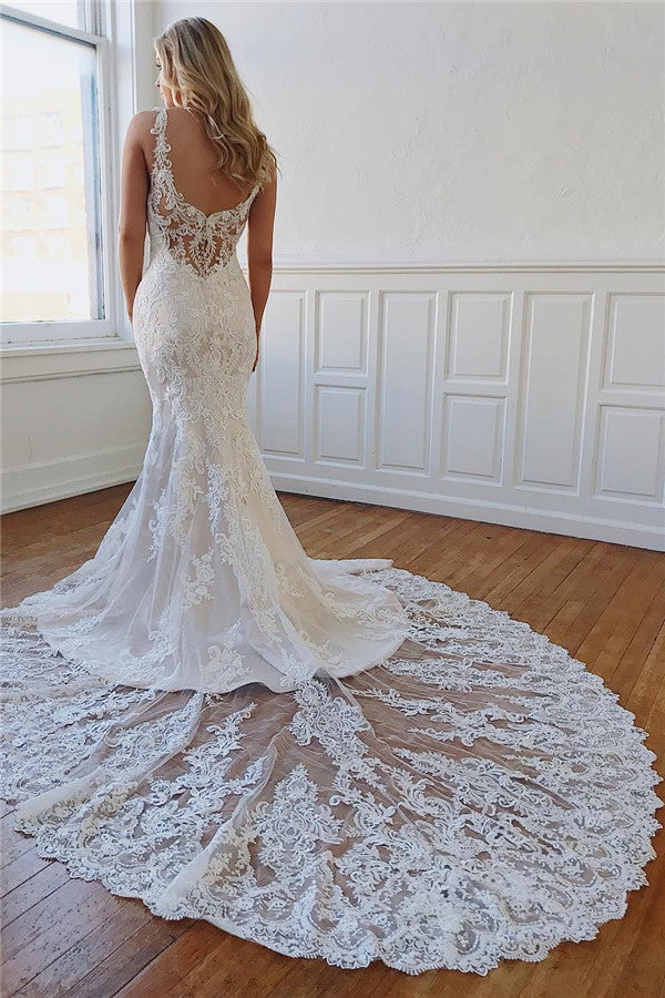 Abiti da Sposa Lunghi a Sirena con Scollo a Cuore, Pizzo e Appliques e Schiena Nuda