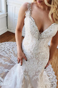 Abiti da Sposa Lunghi a Sirena con Scollo a Cuore, Pizzo e Appliques e Schiena Nuda