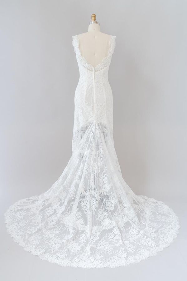 Langes Meerjungfrau-Sweetheart-Spitzenkleid ohne Rückenausschnitt für die Hochzeit