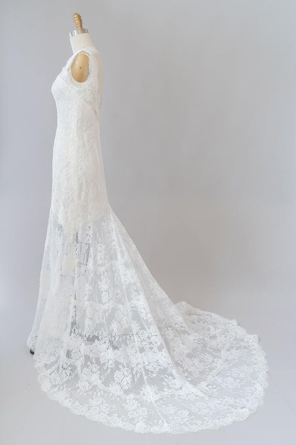 Langes Meerjungfrau-Sweetheart-Spitzenkleid ohne Rückenausschnitt für die Hochzeit