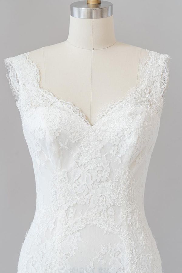 Langes Meerjungfrau-Sweetheart-Spitzenkleid ohne Rückenausschnitt für die Hochzeit