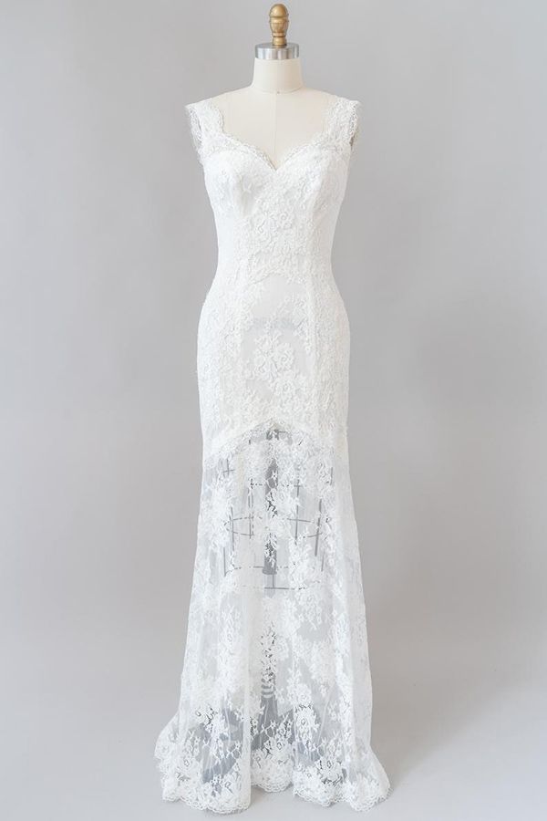 Langes Meerjungfrau-Sweetheart-Spitzenkleid ohne Rückenausschnitt für die Hochzeit