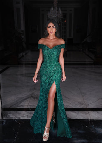 Long Mermaid Sweetheart Off-the-shoulder Green Prom Dresses with Slit