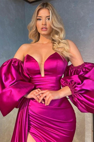 Long Mermaid Sweetheart Satin Front Slit Prom Dress With Detachable Sleeves