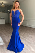 Vestido de Fiesta Largo de Sirena con Escote Corazón en Satin Azul Real