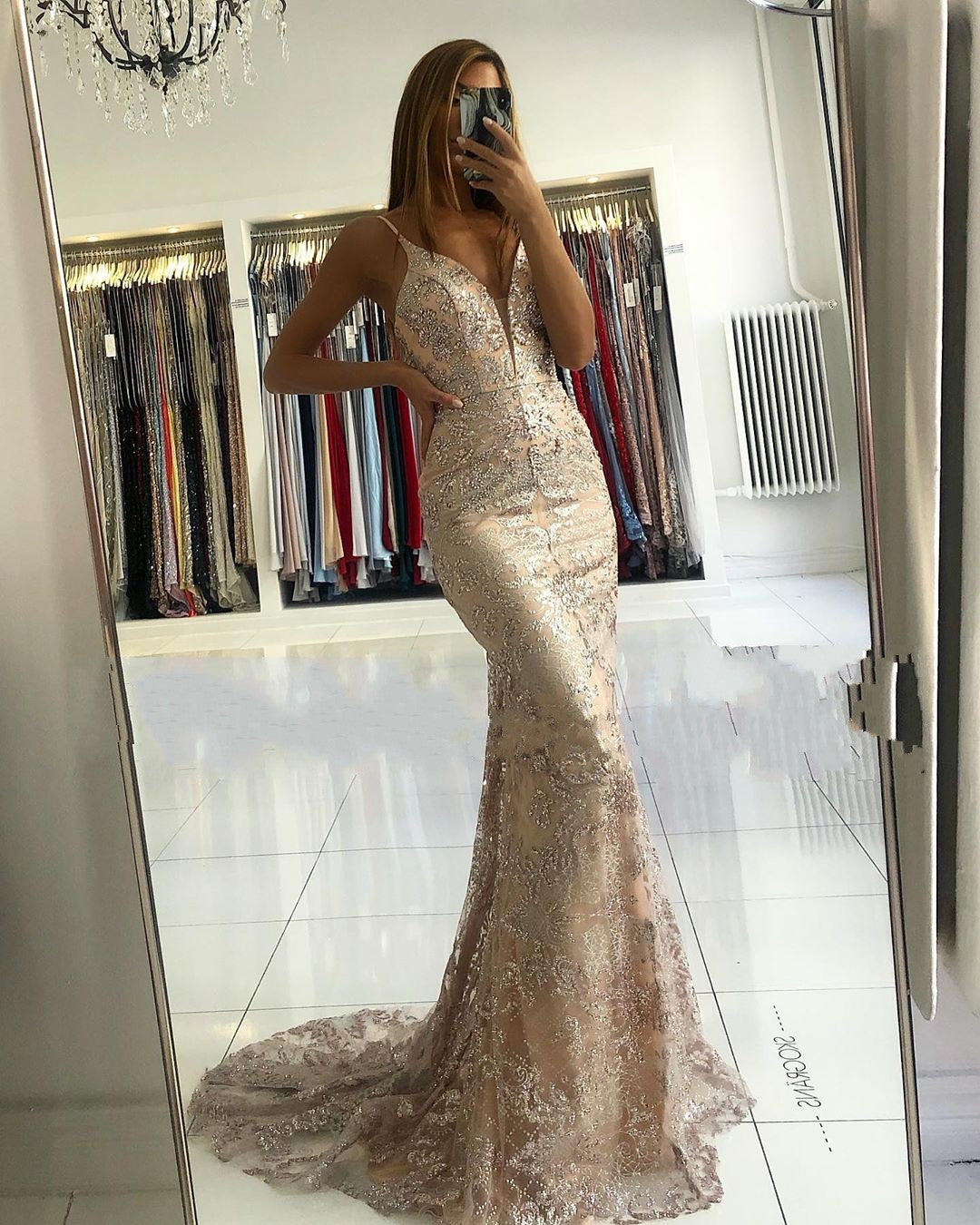 Long Mermaid Sweetheart Spaghetti Straps Appliques Lace Prom Dress