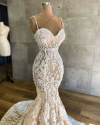 Langes Meerjungfrau-Süßherz-Spaghettiträger-Applikationen-Spitzen-Brautkleid