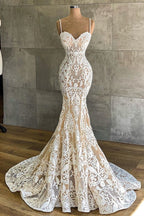 Langes Meerjungfrau-Süßherz-Spaghettiträger-Applikationen-Spitzen-Brautkleid