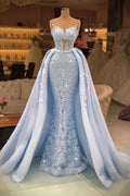Vestido de festa comprido sereia com decote em coração e tule brilhante com cauda removível