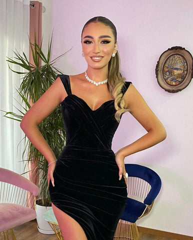 Long Mermaid Sweetheart Velvet Black Formal Prom Dresses with Slit