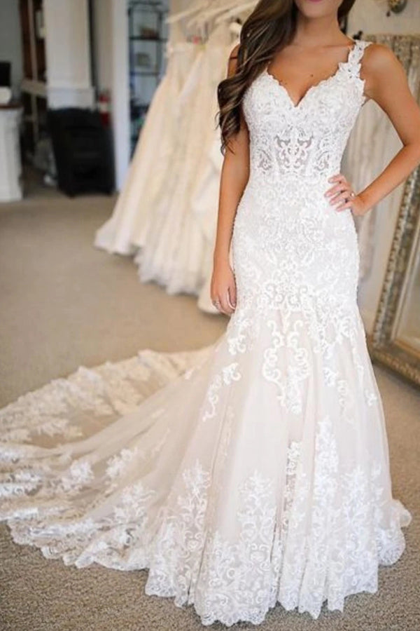Lange Meerjungfrau-Sweetheart-Hochzeitskleider mit Applikationen und Spitze