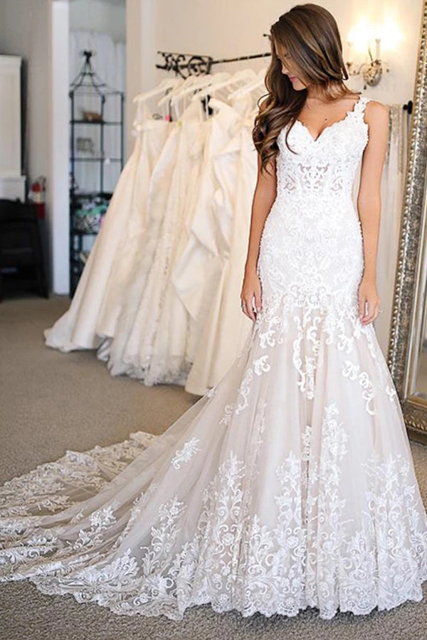 Lange Meerjungfrau-Sweetheart-Hochzeitskleider mit Applikationen und Spitze