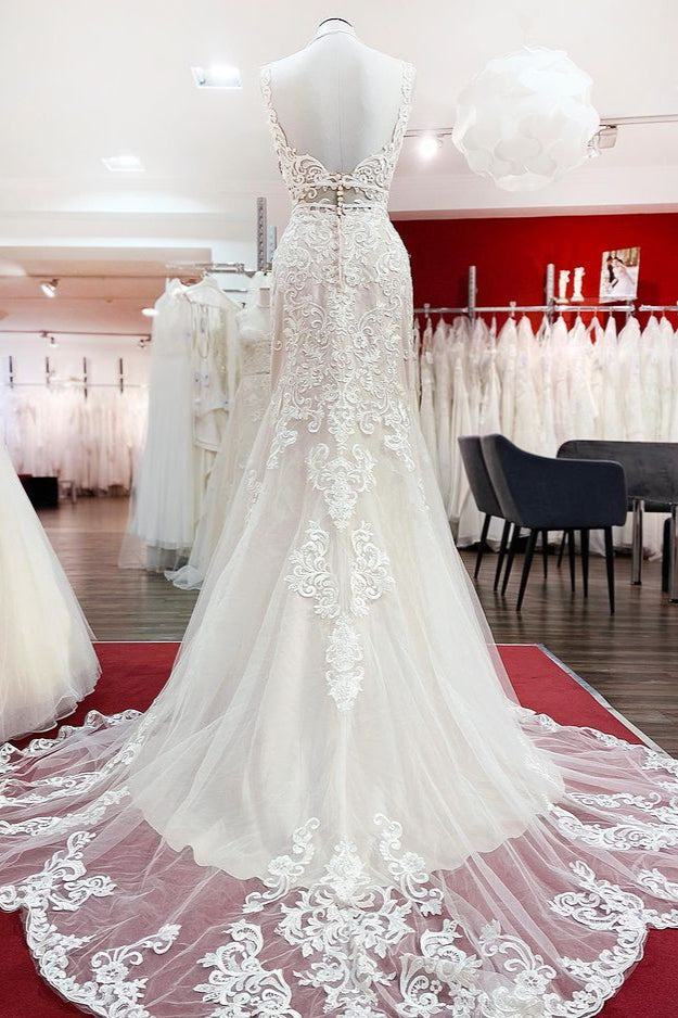 Langes Meerjungfrau-Tüll-Kleid ohne Ärmel mit Spitzenrücken und Rückenfreier Hochzeitskleid