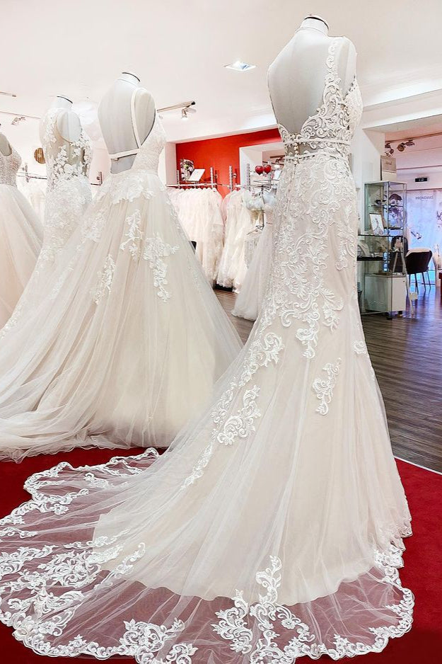 Langes Meerjungfrau-Tüll-Kleid ohne Ärmel mit Spitzenrücken und Rückenfreier Hochzeitskleid