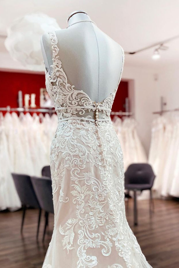 Langes Meerjungfrau-Tüll-Kleid ohne Ärmel mit Spitzenrücken und Rückenfreier Hochzeitskleid
