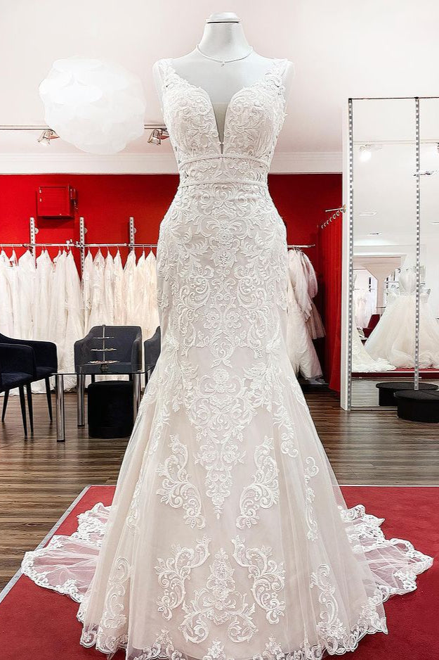Langes Meerjungfrau-Tüll-Kleid ohne Ärmel mit Spitzenrücken und Rückenfreier Hochzeitskleid