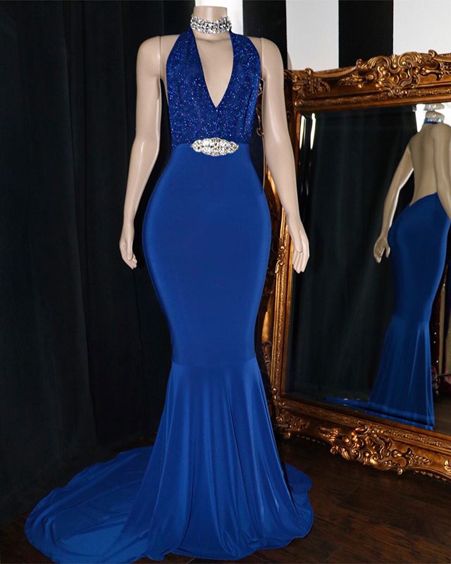 Long Mermaid V-neck Appliques Backless Prom Dress