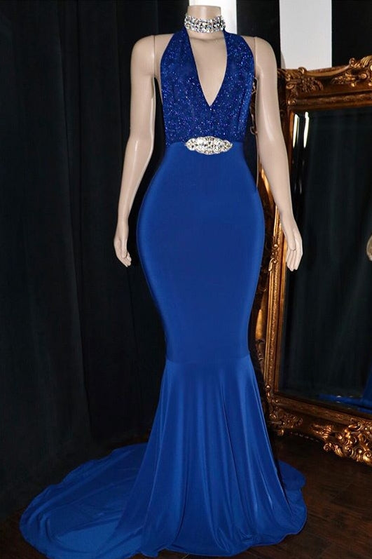 Long Mermaid V-neck Appliques Backless Prom Dress