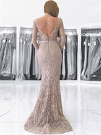 Long Mermaid V-neck Backless Lace Prom Dress with Sleeves