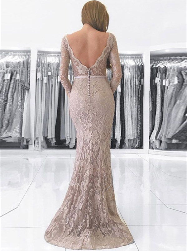 Long Mermaid V-neck Backless Lace Prom Dress with Sleeves