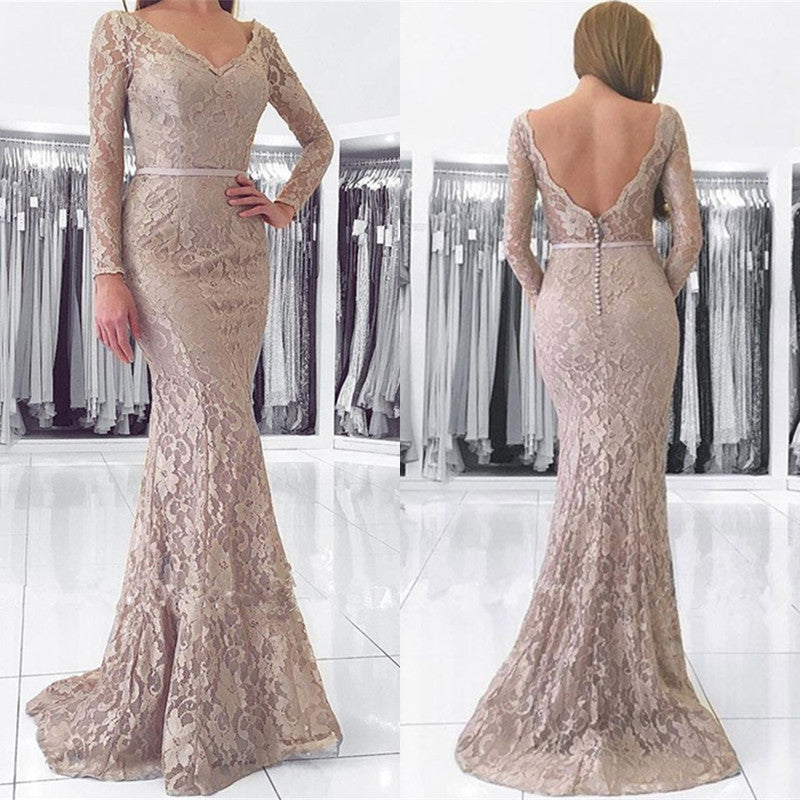 Long Mermaid V-neck Backless Lace Prom Dress with Sleeves